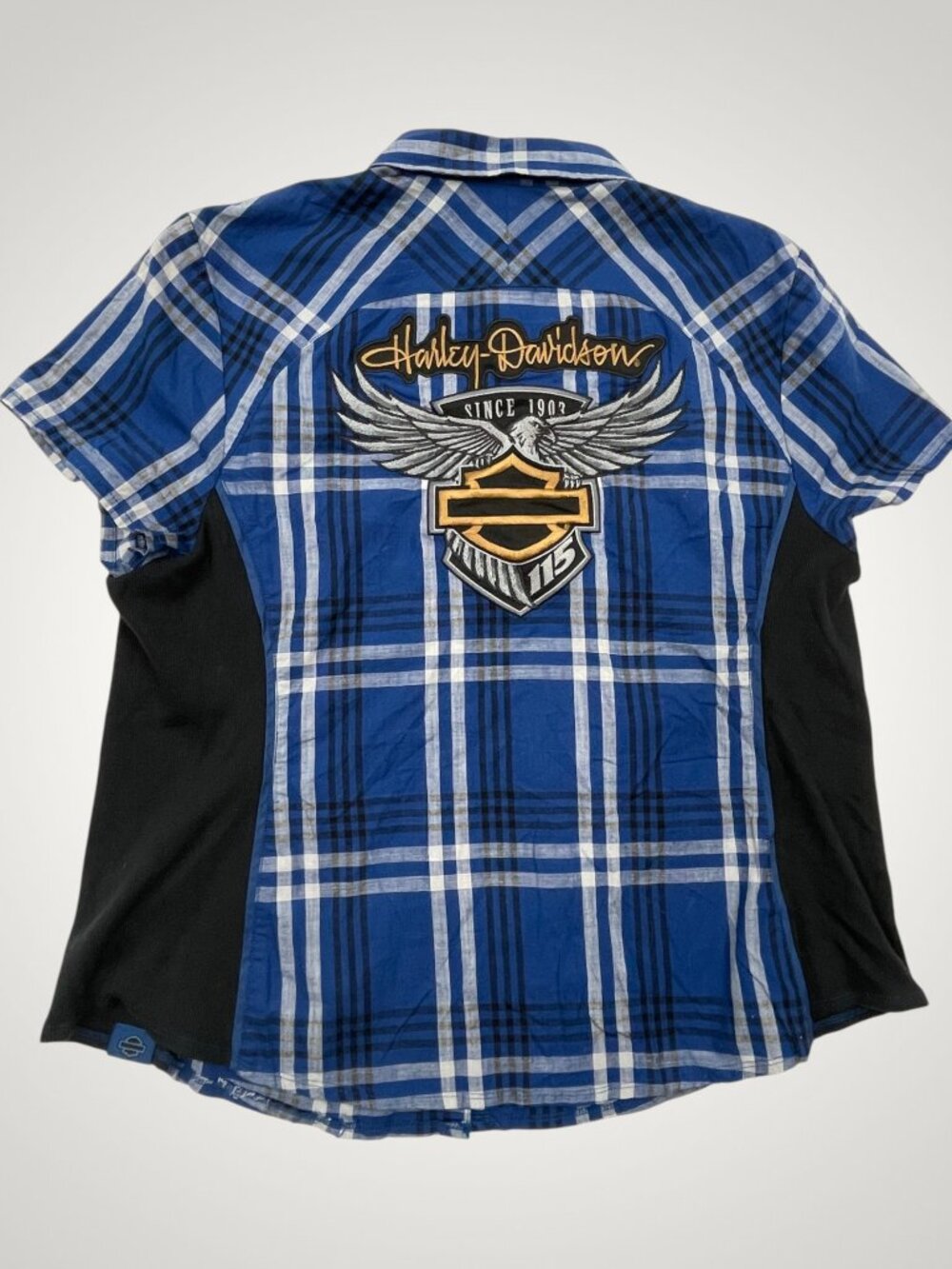 Harley-Davidson Stretch Blue Plaid 115th Anni Eagle Button Shirt Top Women's 2XL